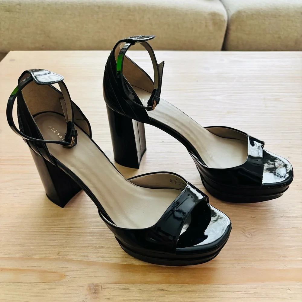All Saints Tia Glossy Black Platform Heel Sandals Size 10M‎ WF571Z